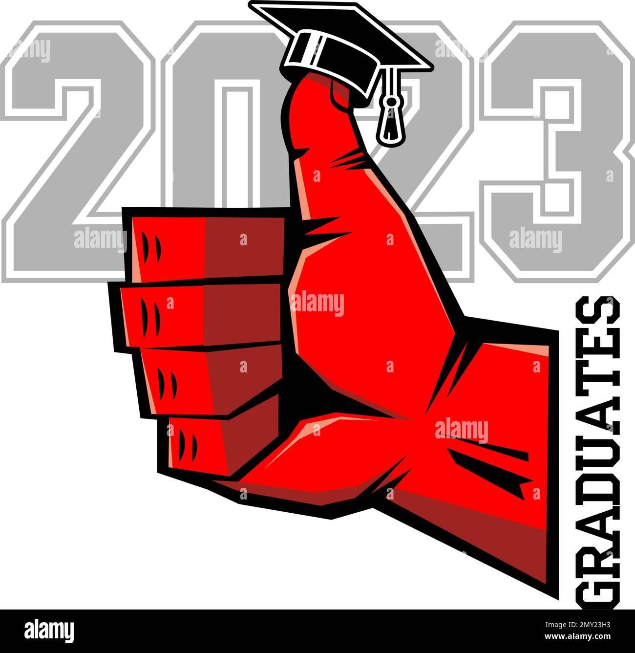 testata graduata classe 2023 con pollice in alto. Concetto di complimento decorativo per i laureati. Design per t-shirt, volantino, invito, vettura di benvenuto Illustrazione Vettoriale