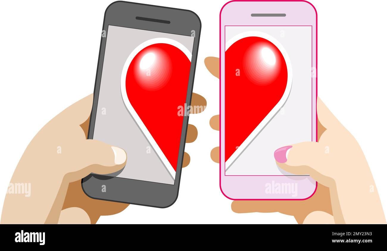 Amore virtuale o utilizzando datazione concetto di applicazione mobile. Le mani maschili e femminili collegano le parti cardiache sugli schermi dello smartphone. Vettore su sfondo trasparente Illustrazione Vettoriale