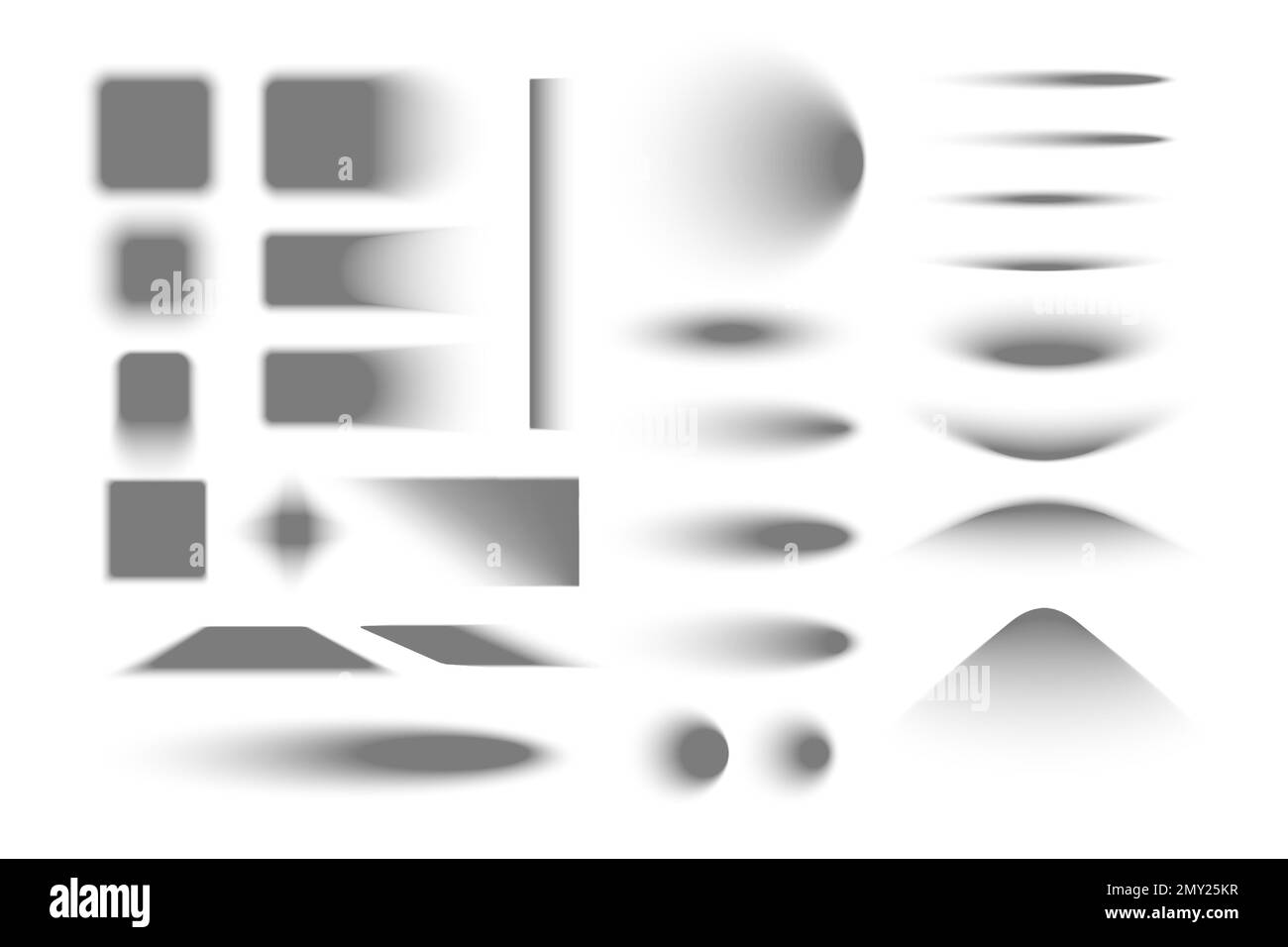Ombre realistiche impostate con sfondo vuoto e punti sfumati isolati di varia forma con illustrazione vettoriale dei bordi sfocati Illustrazione Vettoriale