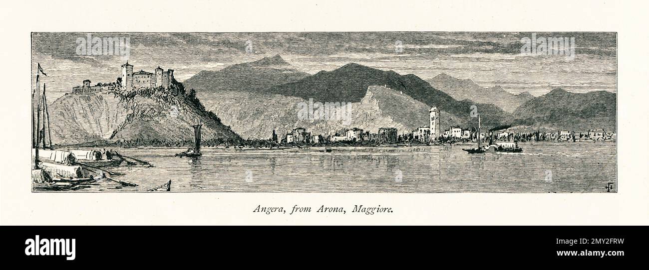 Antica illustrazione di Angera vista da Arona, Piemonte, Italia. Incisione pubblicata in picturesque Europe, Vol. III (Cassell & Company, Limited: Lo Foto Stock
