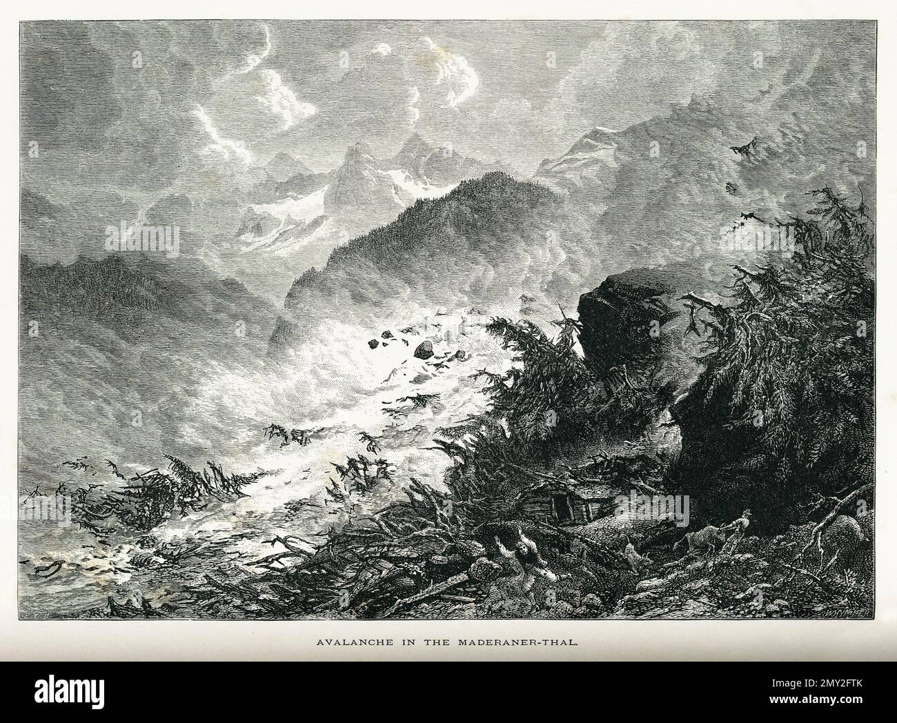 Antica illustrazione di una valanga nelle Alpi di Maderanerthal, Svizzera. Incisione pubblicata in picturesque Europe, Vol. V (Cassell & Company, Lim Foto Stock