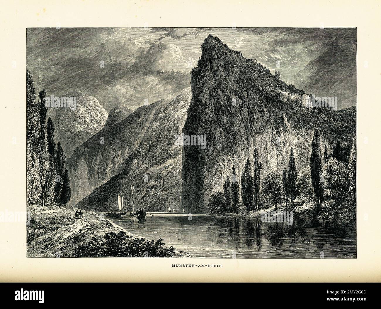 Antica illustrazione raffigurante il fiume Nahe a Bad Munster am Stein-Ebernburg, Germania. Incisione pubblicata in picturesque Europe, Vol. III (Cassell Foto Stock