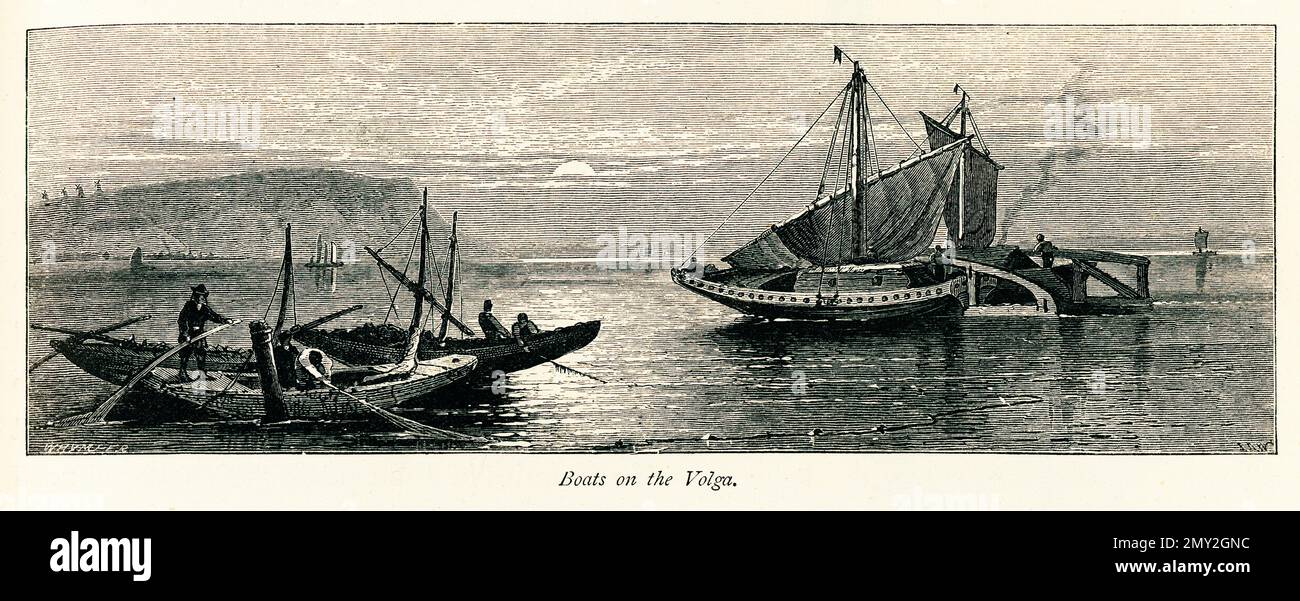 Incisione antica di barche sul fiume Volga, Russia. Illustrazione pubblicata in picturesque Europe, Vol. V (Cassell & Company, Limited: Londra, Parigi Foto Stock