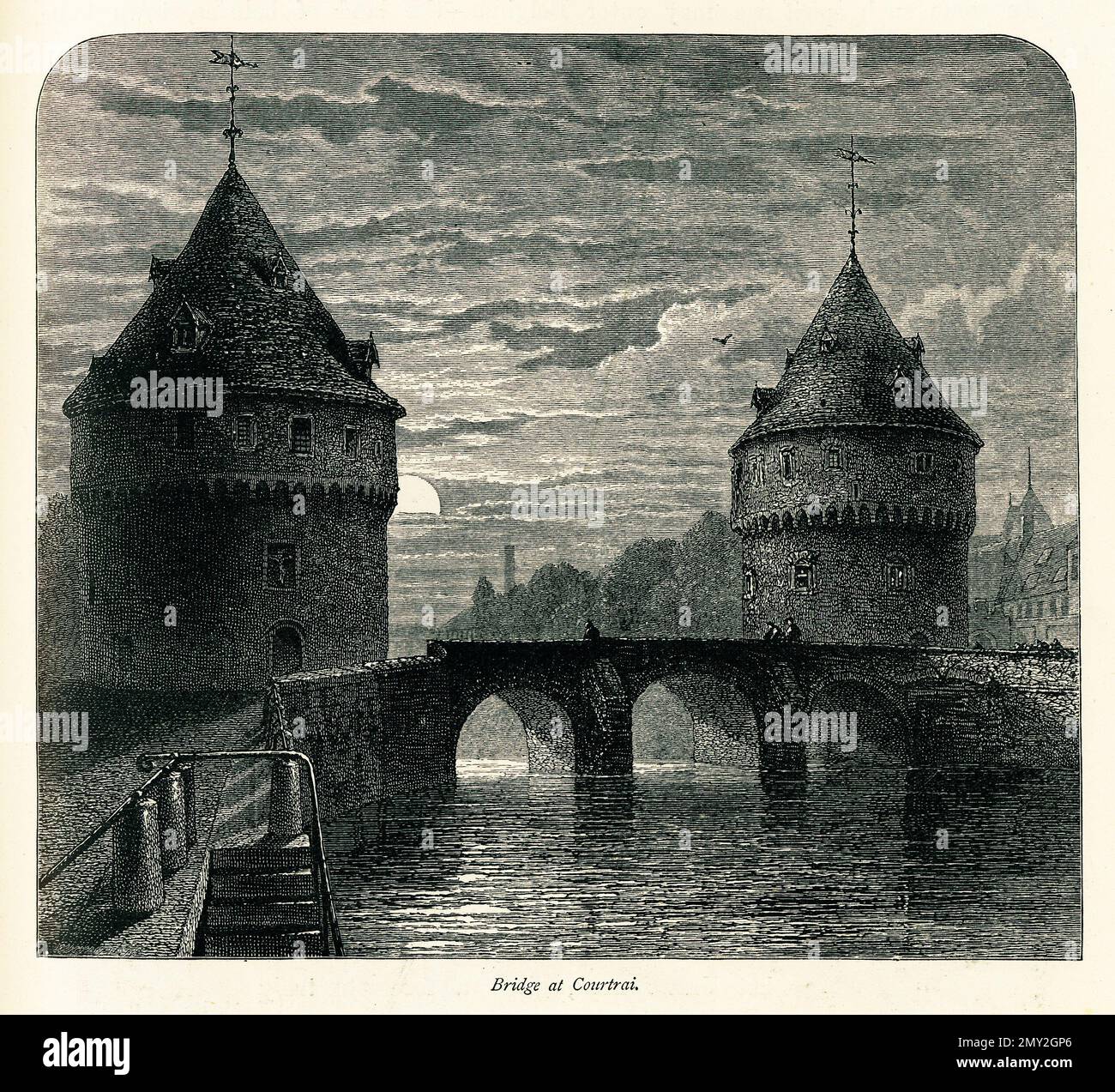 Antica incisione di un ponte a Courtray, conosciuto anche come Kortrijk, nelle Fiandre Occidentali, Belgio. Illustrazione pubblicata in picturesque Europe, Vol. V (CA Foto Stock