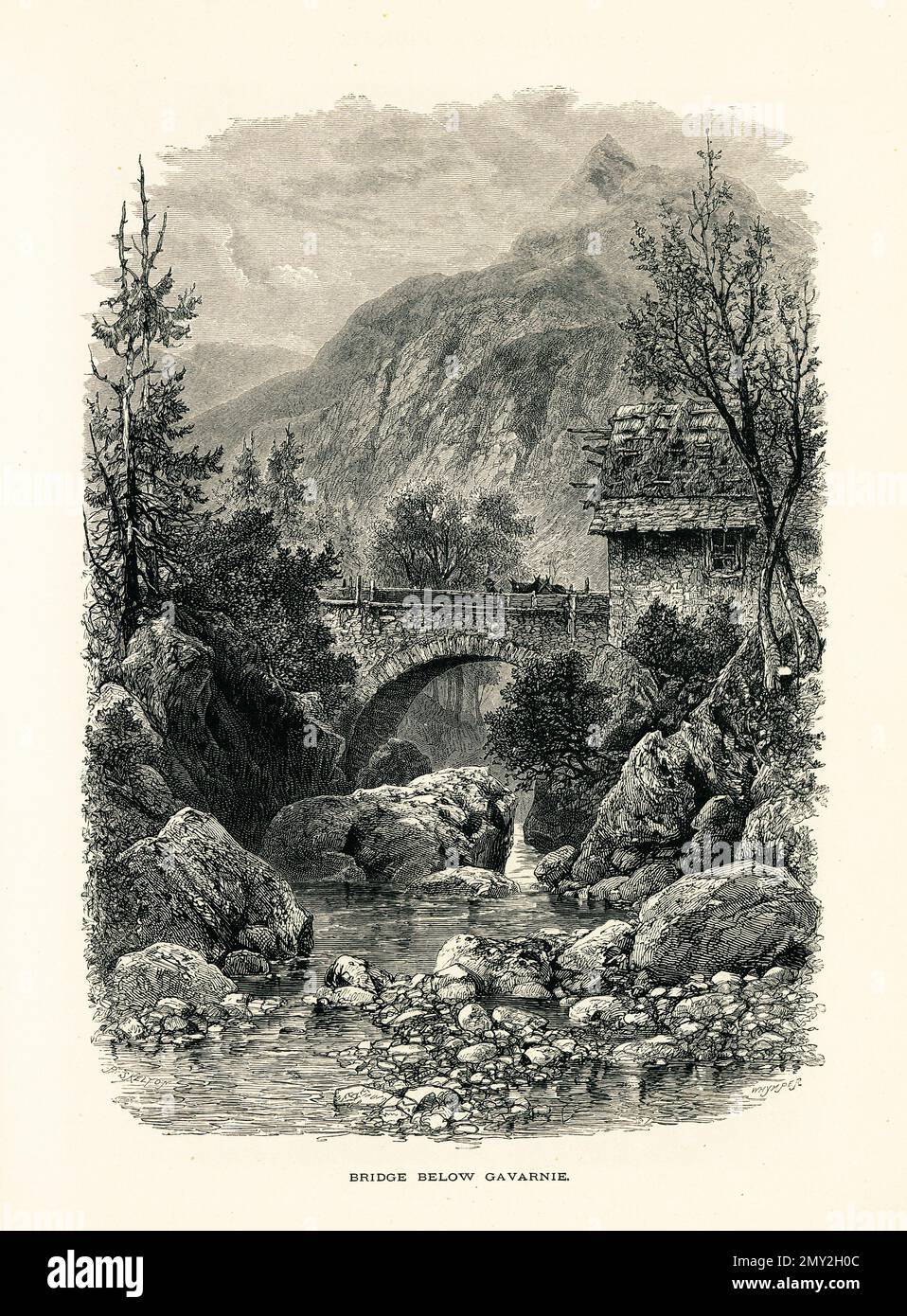 Antica illustrazione di un ponte sotto Cirque de Gavarnie nei Pirenei centrali, Francia. Incisione pubblicata in picturesque Europe, Vol. III (Cassel Foto Stock
