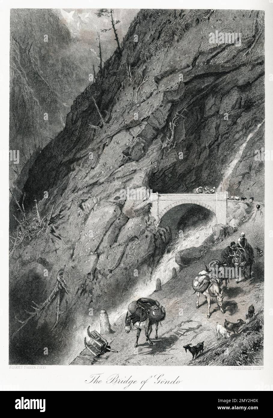 Antica illustrazione del ponte di Gondo nelle Alpi Pennine, Svizzera. Incisione pubblicata in picturesque Europe, Vol. V (Cassell & Company, li Foto Stock