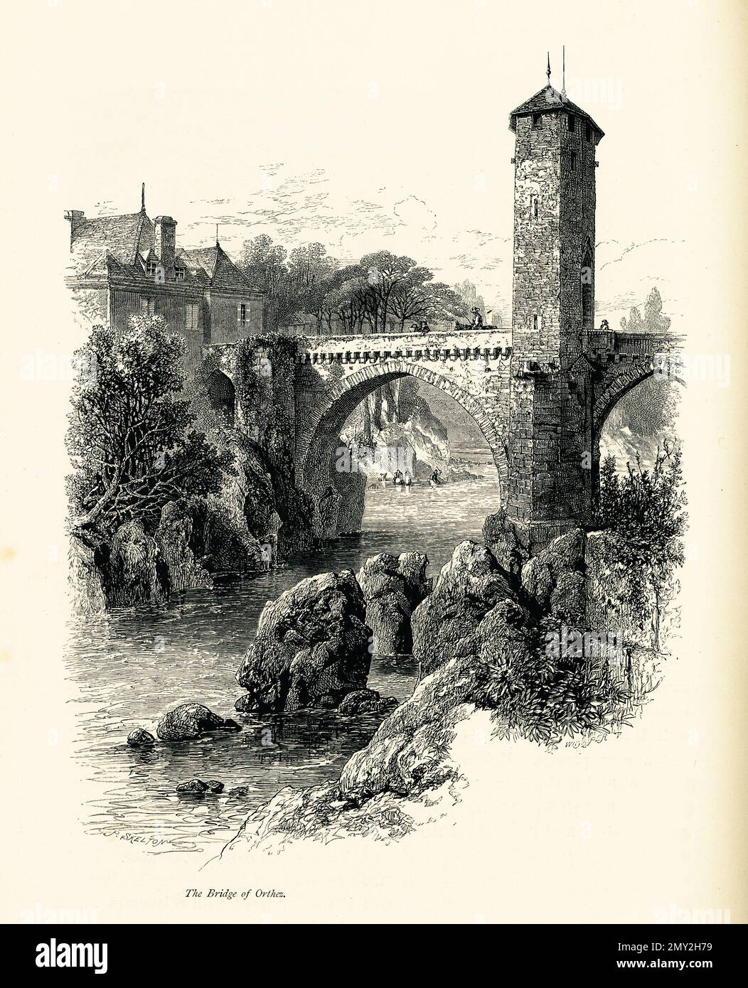 Incisione del 19th ° secolo del ponte sul Gave de Pau a Orthez, Francia. Illustrazione pubblicata in picturesque Europe, Vol. III (Cassell & Company Foto Stock