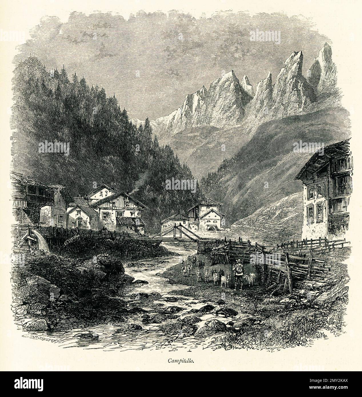 Antica illustrazione di Campitello, un paese in Alto Adige, Italia. Incisione pubblicata in picturesque Europe, Vol. V (Cassell & Company, Limited: Lo Foto Stock