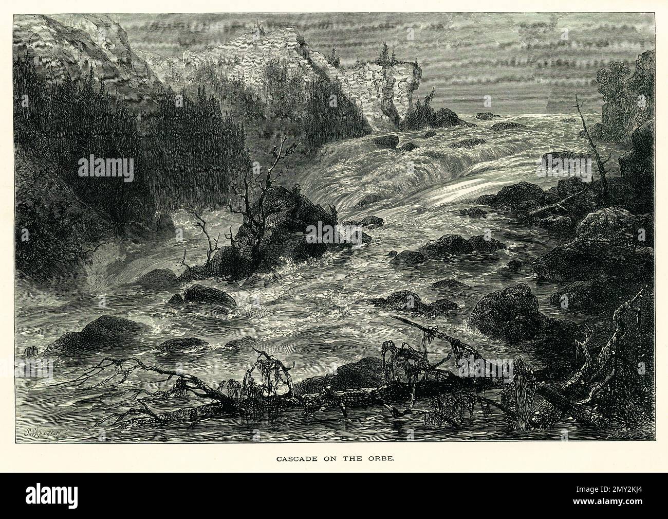Antica illustrazione di una cascata sul fiume Orbe. Incisione pubblicata in picturesque Europe, Vol. V (Cassell & Company, Limited: Londra, Parigi e NE Foto Stock