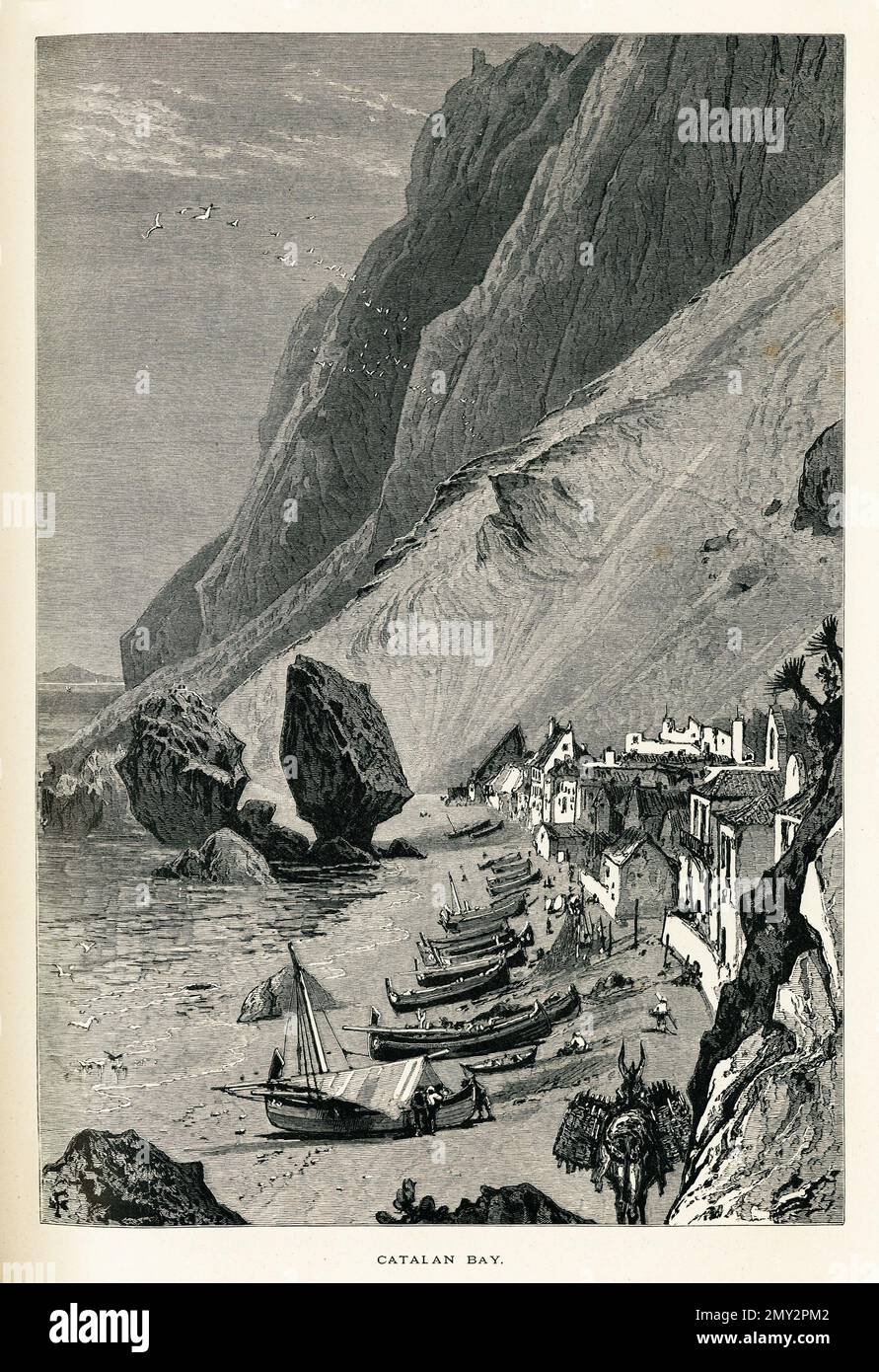 Antica incisione della Baia Catalana a Gibilterra. Illustrazione pubblicata in picturesque Europe, Vol. V (Cassell & Company, Limited: Londra, Parigi e New Y Foto Stock