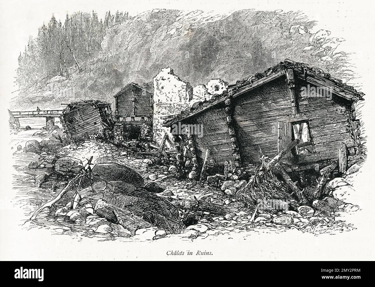 Antica incisione di chalet in rovina nelle Alpi Svizzere. Illustrazione pubblicata in picturesque Europe, Vol. V (Cassell & Company, Limite Foto Stock