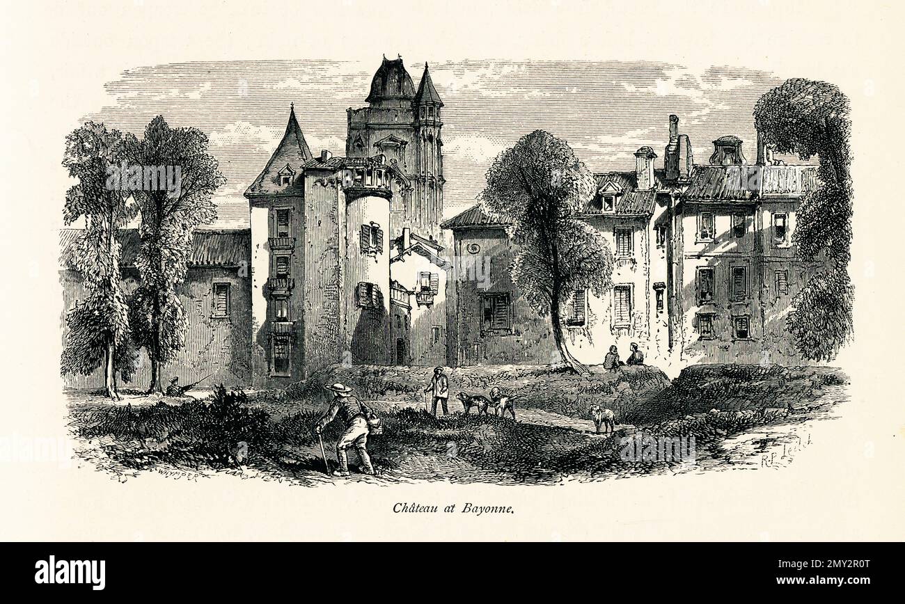 Antica illustrazione di un castello a Bayonne, situato nel sud-ovest della Francia. Incisione pubblicata in picturesque Europe, Vol. III (Cassell & Company Foto Stock