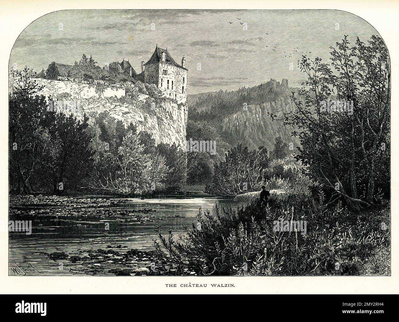 Antica illustrazione di Chateau de Walzin a Dinant, Belgio. Incisione pubblicata in picturesque Europe, Vol. V (Cassell & Company, Limited: London, P Foto Stock