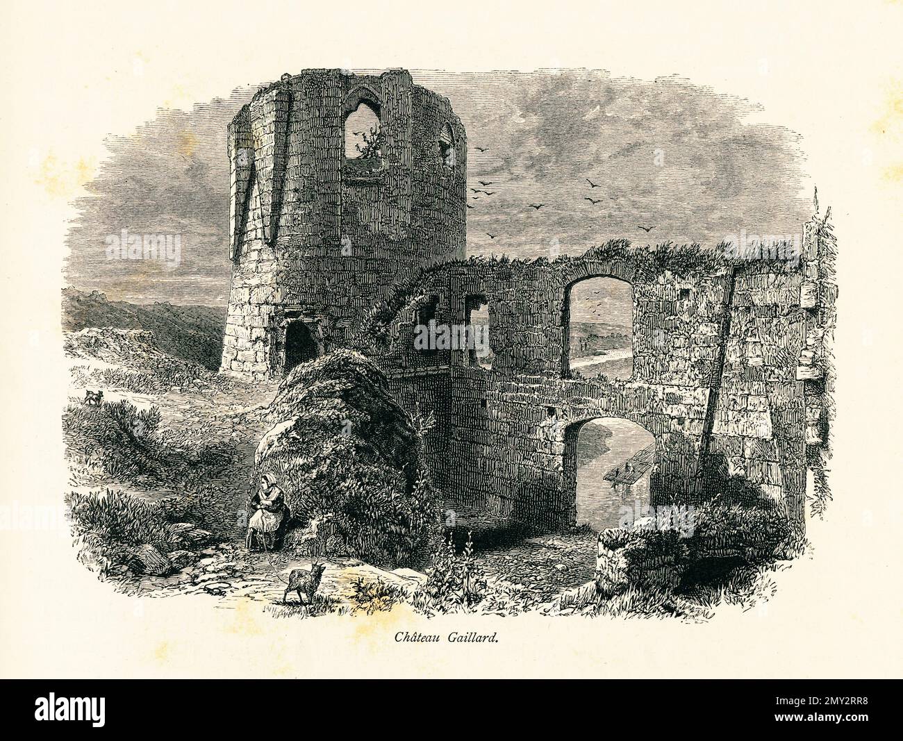 Antica illustrazione dei resti di Chateau Gaillard, un castello medievale in alta Normandia, vicino a Rouen, Francia. Incisione pubblicata in pittoresco Foto Stock