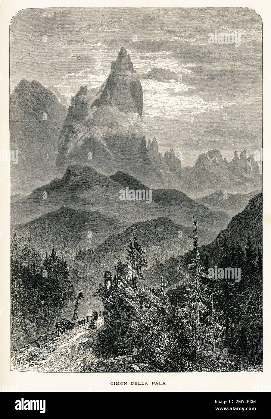Incisione del 19th° secolo del Cimon della pala, la vetta più famosa del gruppo delle pale di San Martino, nelle Dolomiti. Illustrazione pubblicata in Foto Stock