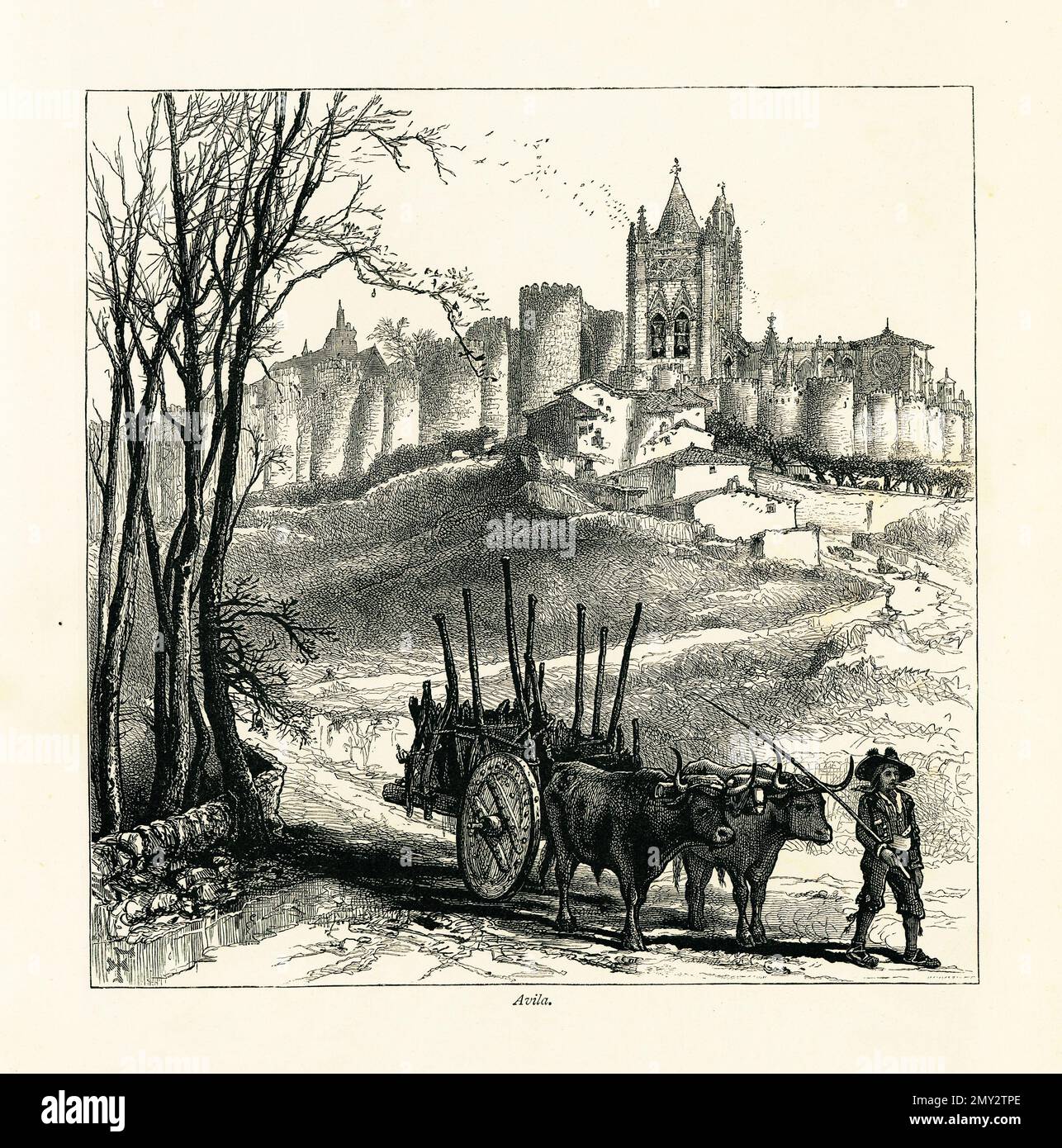 Antica incisione delle famose mura medievali di Avila, Spagna. Illustrazione pubblicata in picturesque Europe, Vol. III (Cassell & Company, Limite Foto Stock