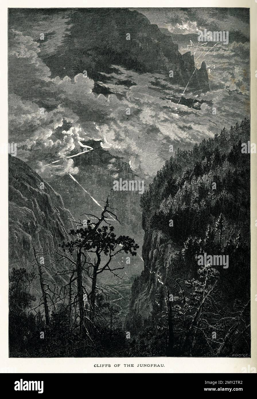 19th ° secolo la scogliera della Jungfrau, una delle principali vette delle Alpi Bernesi, in Svizzera. Incisione pubblicata in pittoresco Foto Stock