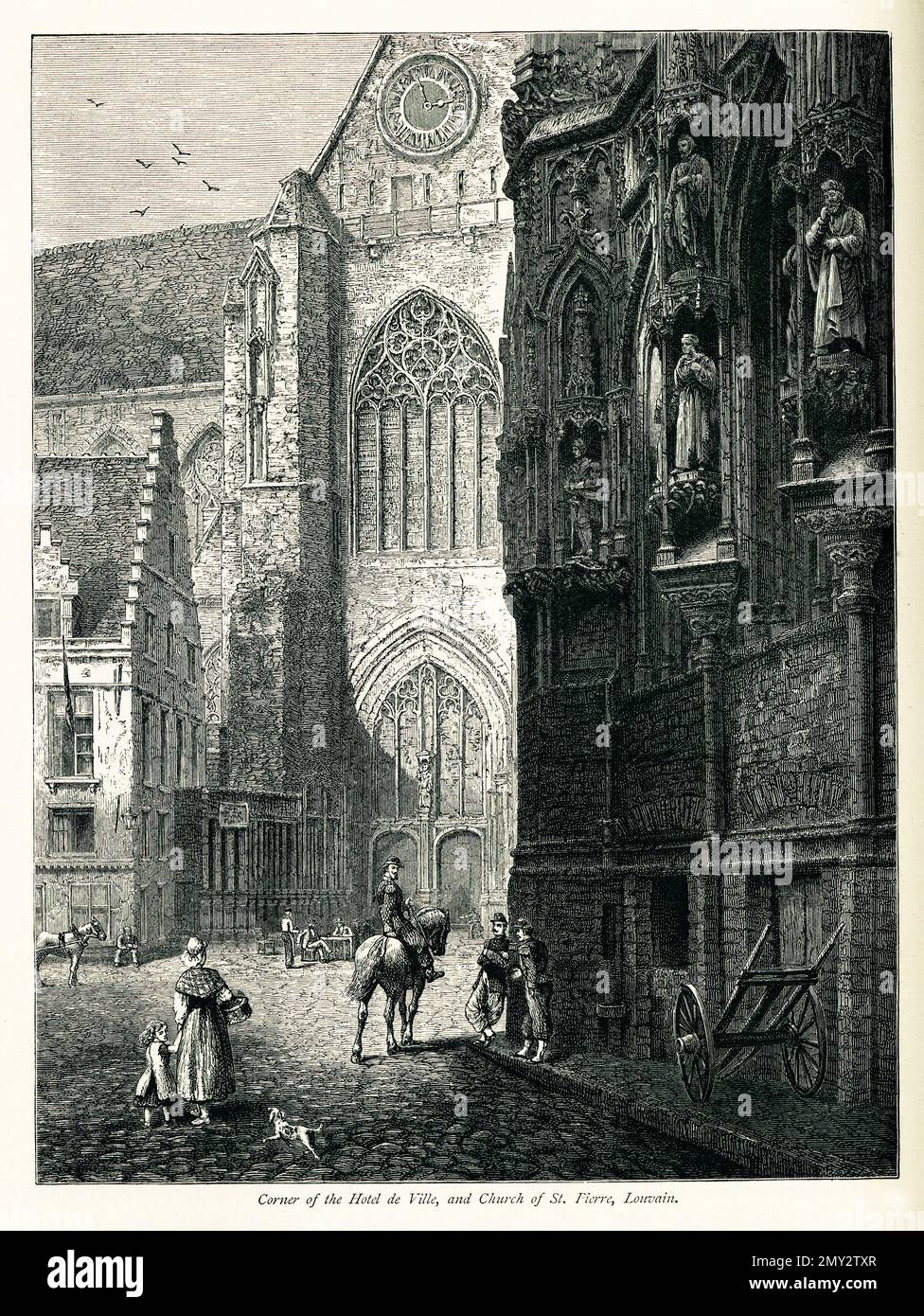 19th ° secolo vista di un angolo del Hotel de Ville (municipio) e St Chiesa di Pietro a Leuven, Belgio. Incisione pubblicata nella pittoresca Europa, Foto Stock