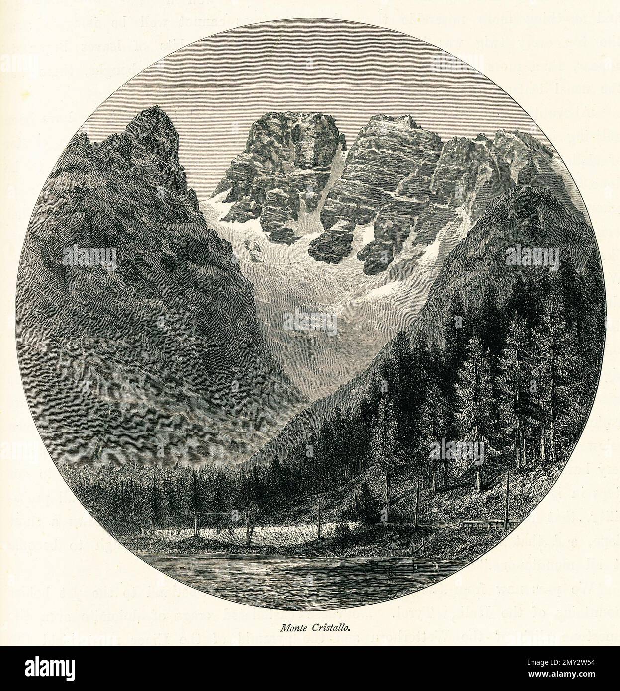 Antica illustrazione del Monte Cristallo nel nord Italia. Incisione pubblicata in picturesque Europe, Vol. V (Cassell & Company, Limited: Londo Foto Stock