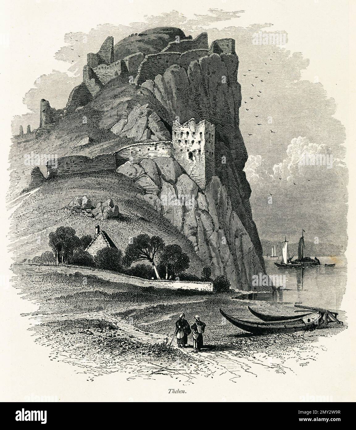 19th ° secolo illustrazione del Devin (noto anche come Theben), una città alla confluenza dei fiumi Danubio e Morava in Slovacchia. Incisione pubblicato i Foto Stock