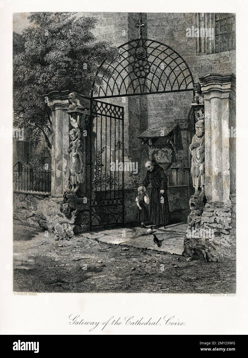 Antica incisione dell'ingresso della cattedrale di Coire (nota anche come Coira), Svizzera. Illustrazione pubblicata in picturesque Europe, Vol. V (C Foto Stock
