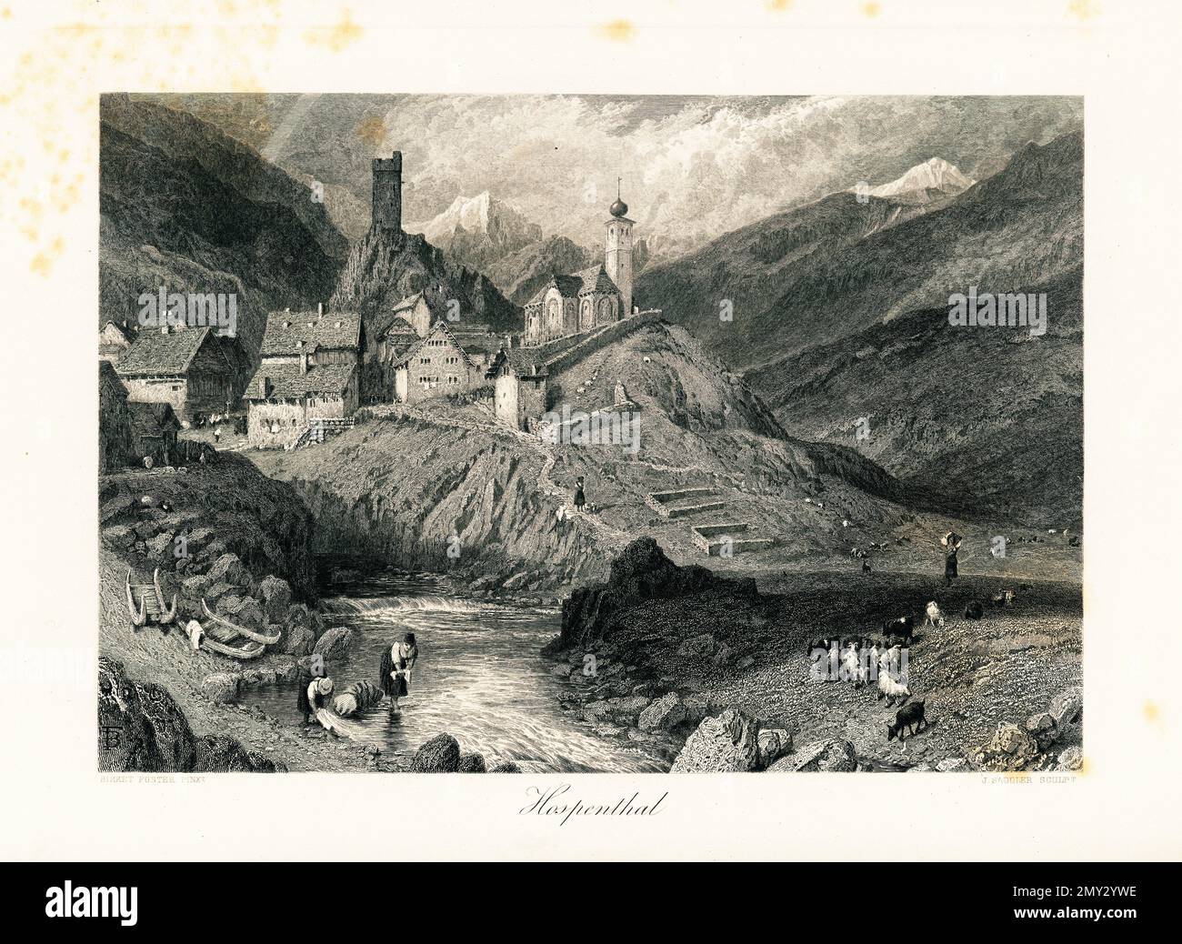 Antica illustrazione di Hospental, una città nel cantone di Uri, Svizzera. Incisione pubblicata in picturesque Europe, Vol. III (Cassell & Company, L Foto Stock
