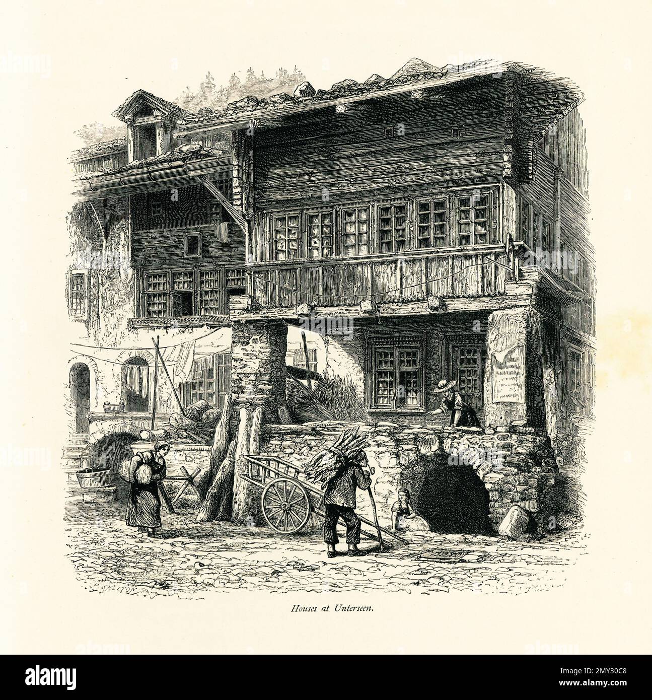 Incisione del 19th° secolo delle case di Unterseen, nel cantone di Berna, in Svizzera. Illustrazione pubblicata in picturesque Europe, Vol. III (Cassell Foto Stock