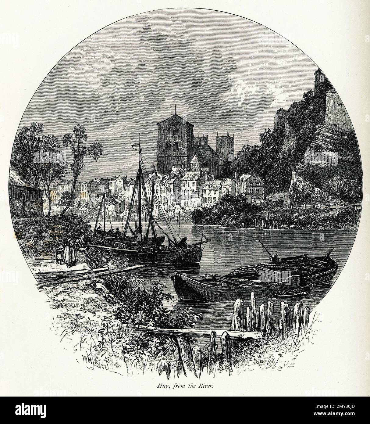 19th ° secolo vista di Huy dal fiume Mosa, Belgio. Illustrazione pubblicata in picturesque Europe, Vol. V (Cassell & Company, Limited: London, pari Foto Stock