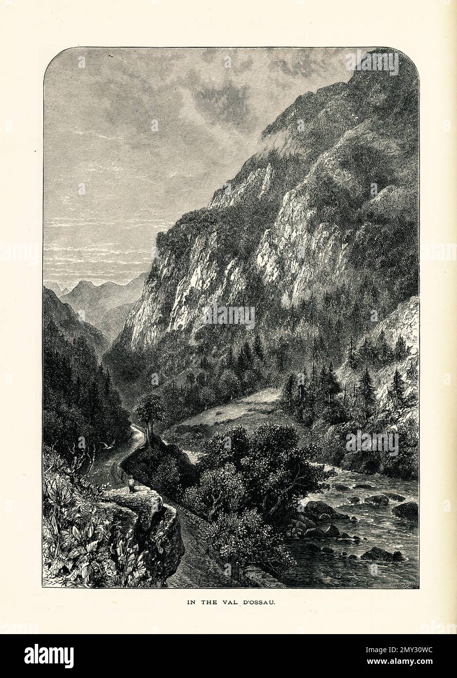 Vista antica della Val D'ossau, nei Pirenei, Francia. Incisione pubblicata in picturesque Europe, Vol. III (Cassell & Company, Limited: London, par Foto Stock