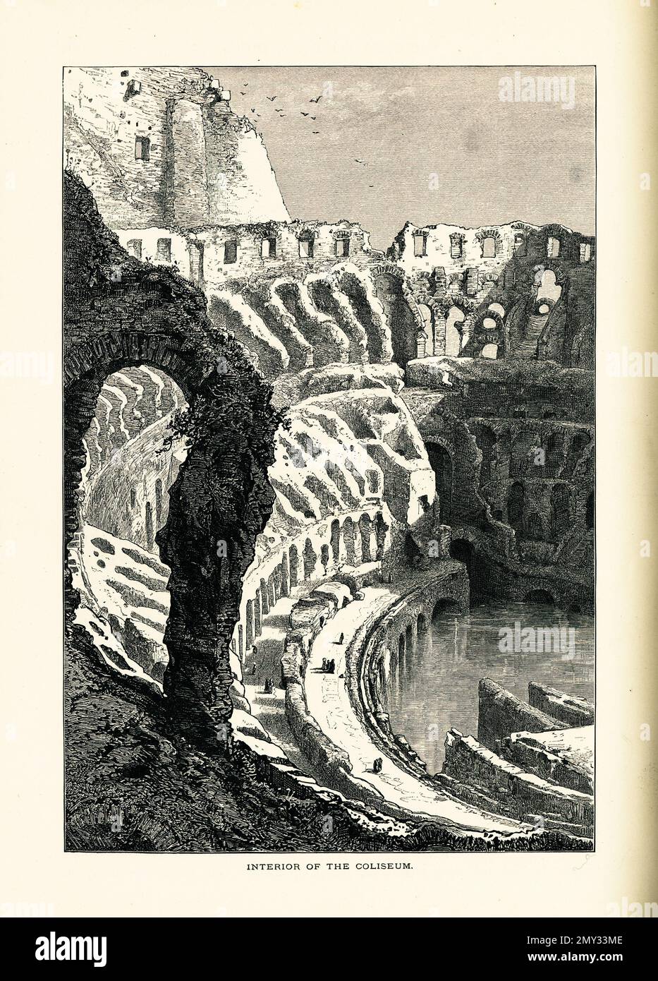 Illustrazione del 19th° secolo dell'interno del Colosseo, un anfiteatro considerato il simbolo di Roma, Italia. Incisione pubblicata in pittoresco Foto Stock