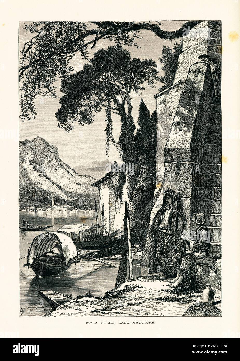 Antica illustrazione di Isola Bella, una delle Isole Borromee del Lago maggiore. Incisione pubblicata in picturesque Europe, Vol. III (Cassel Foto Stock