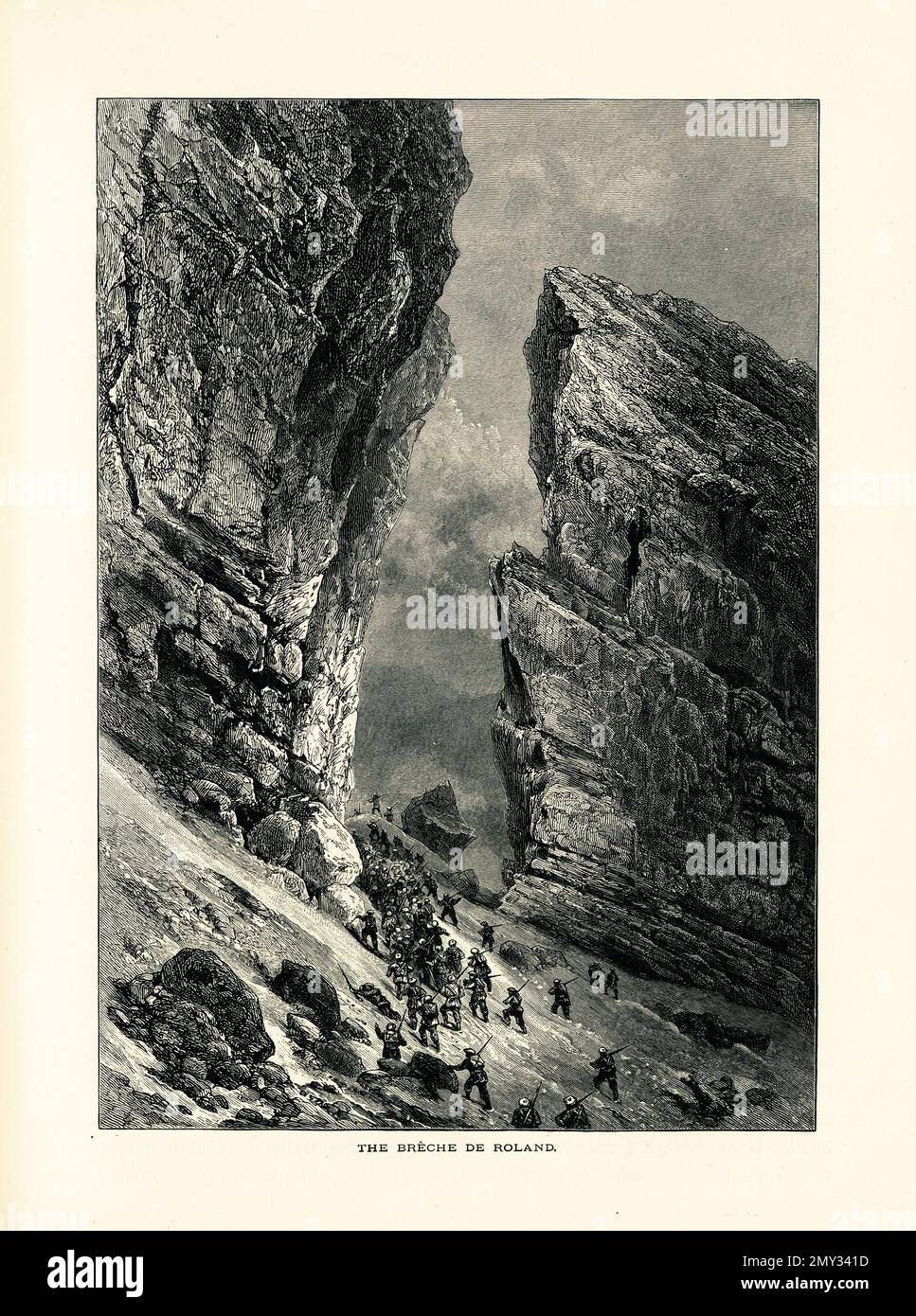 Antica illustrazione di la Breche de Roland, un divario naturale nei Pirenei, al confine tra la Francia e la Spagna. Incisione pubblicata in pittoresco Foto Stock