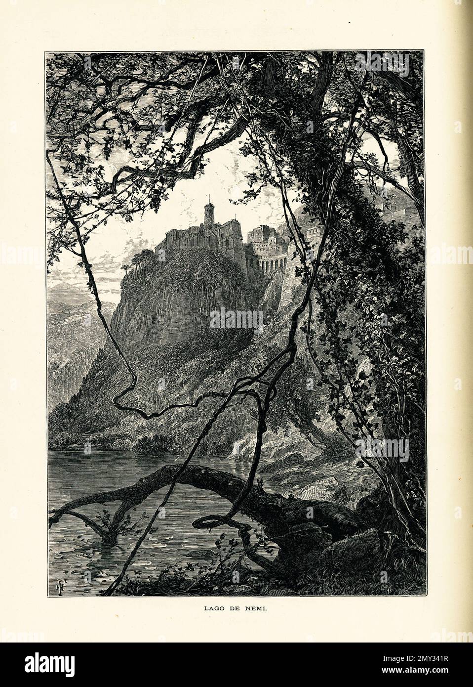 Illustrazione del lago di Nemi del 19th° secolo nel Lazio. Incisione pubblicata in picturesque Europe, Vol. III (Cassell & Company, Limited: Foto Stock