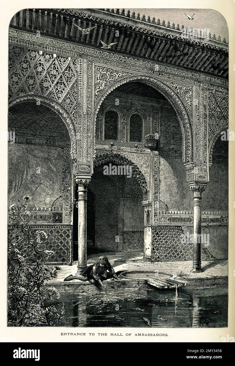 Antica incisione dell'ingresso alla Sala degli Ambasciatori nel Palazzo dell'Alhambra, Granada, Spagna. Illustrazione pubblicata nella pittoresca Europa, Foto Stock