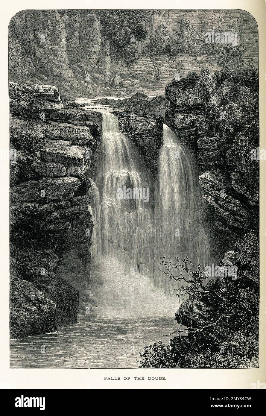 Antica incisione delle cascate del Doubs nei monti del Giura. Illustrazione pubblicata in picturesque Europe, Vol. V (Cassell & Company, Limi Foto Stock
