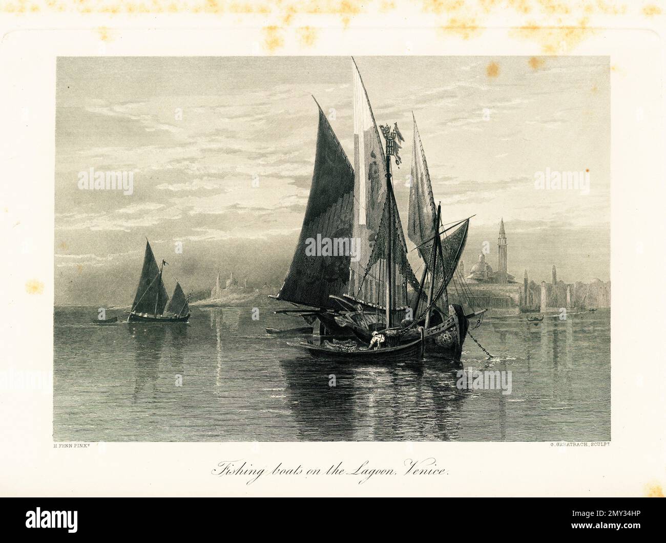Antica incisione raffigurante barche da pesca sulla laguna veneta, una baia del Mare Adriatico in Italia. Illustrazione pubblicata nella pittoresca Europa, Vo Foto Stock