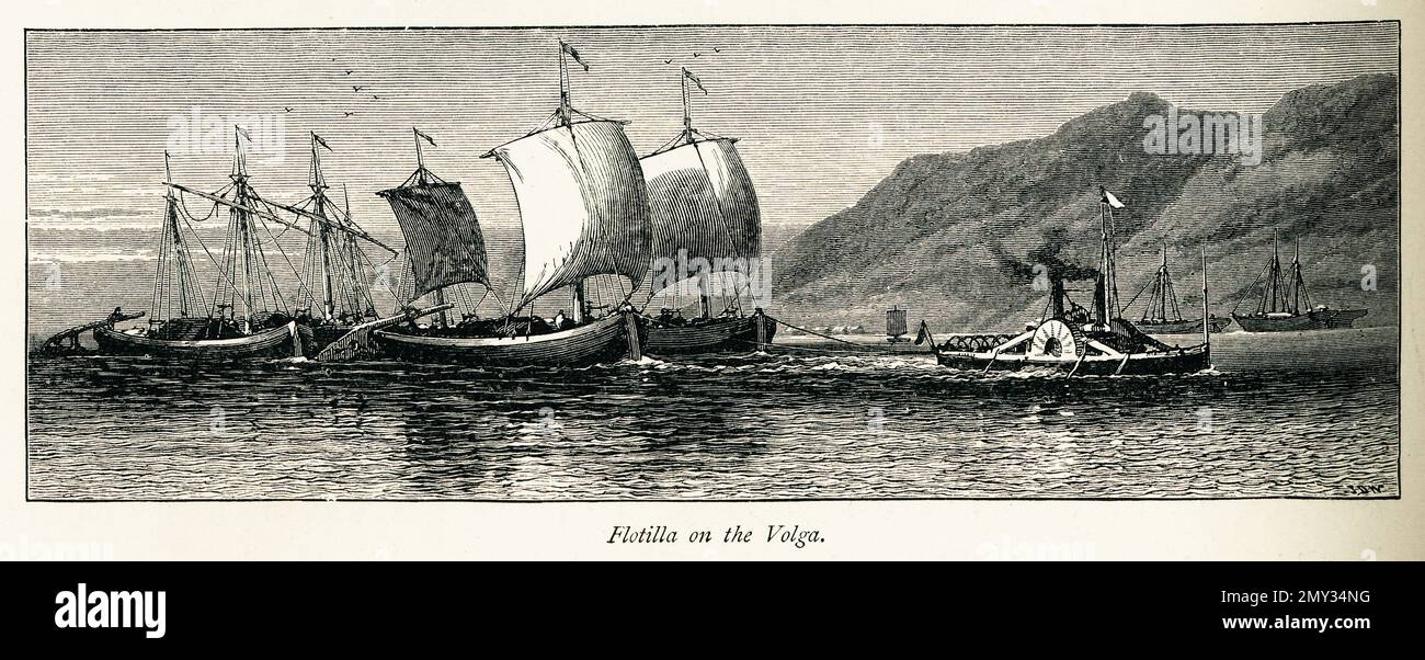 Antica illustrazione di una flottiglia sul fiume Volga, Russia. Incisione pubblicata in picturesque Europe, Vol. V (Cassell & Company, Limited: Londra, Foto Stock