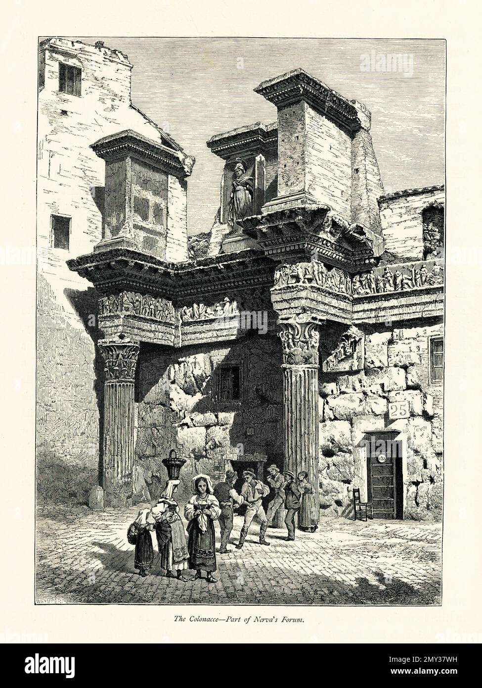 Antica illustrazione raffigurante parte del Foro di Nerva, un tempio dedicato a Minerva a Roma. Incisione pubblicata in pittoresca Europa, Vo Foto Stock