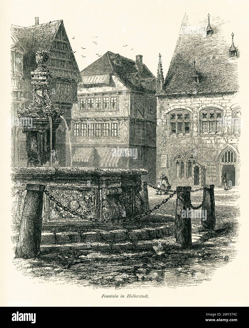 Antica illustrazione di una fontana a Halberstadt, Germania. Incisione pubblicata in picturesque Europe, Vol. V (Cassell & Company, Limited: London, par Foto Stock