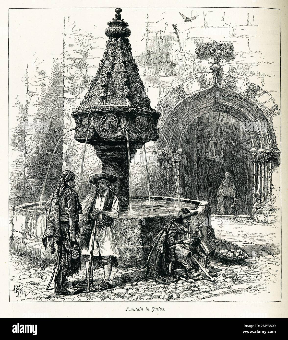 Antica illustrazione di una fontana di Jativa, conosciuta anche come Xativa, Spagna. Incisione pubblicata in picturesque Europe, Vol. V (Cassell & Company, Limit Foto Stock