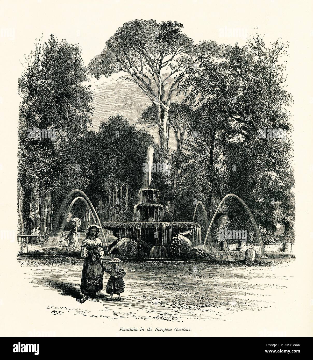 Antica illustrazione di una fontana nei giardini di Villa Borghese, Roma, Italia. Incisione pubblicata in picturesque Europe, Vol. III (Cassell & Company, Foto Stock