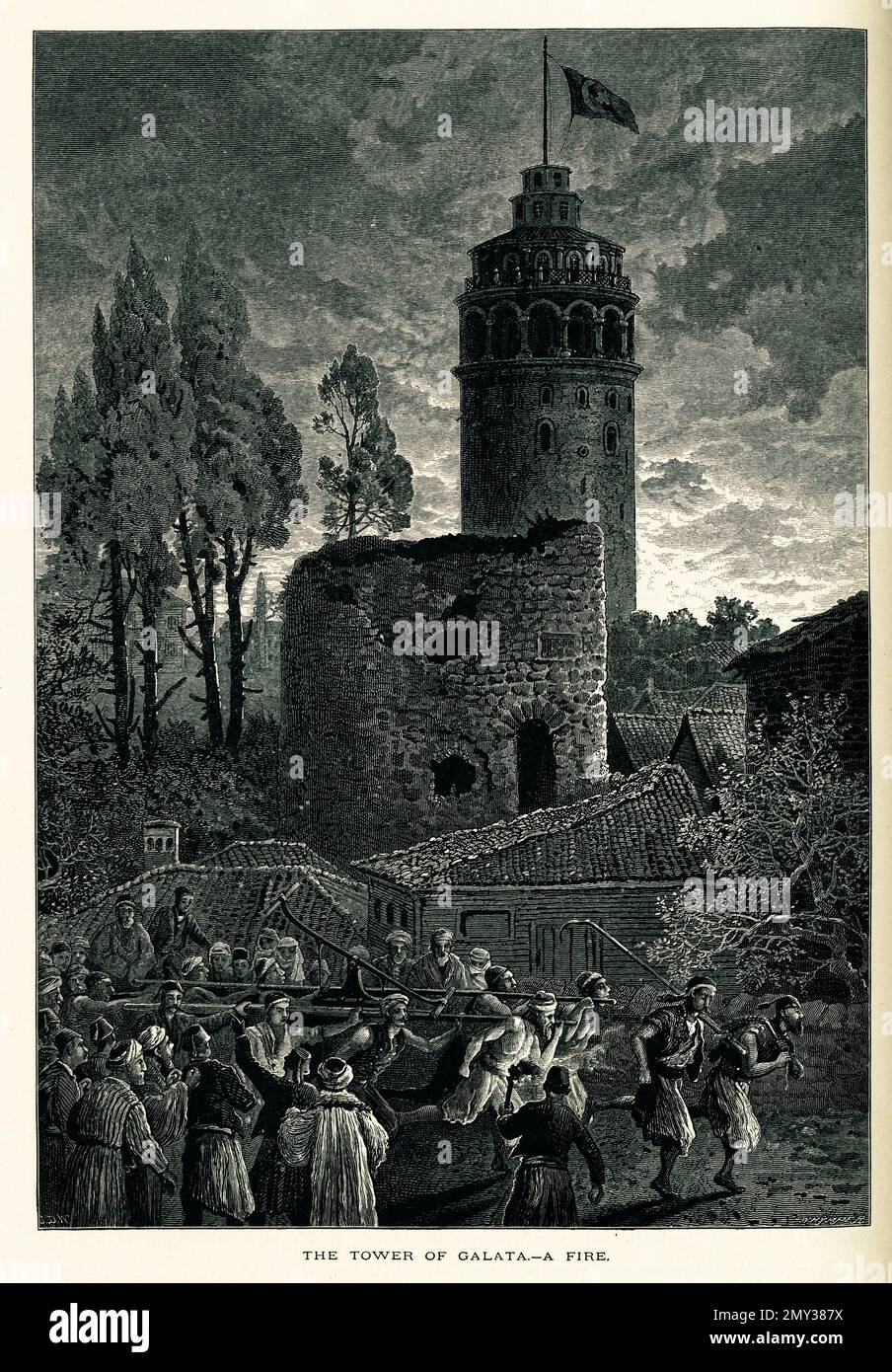 Antica illustrazione della Torre Galata, una torre di pietra nel quartiere Galata di Istanbul (storicamente Costantinopoli). Incisione pubblicata in Pictu Foto Stock
