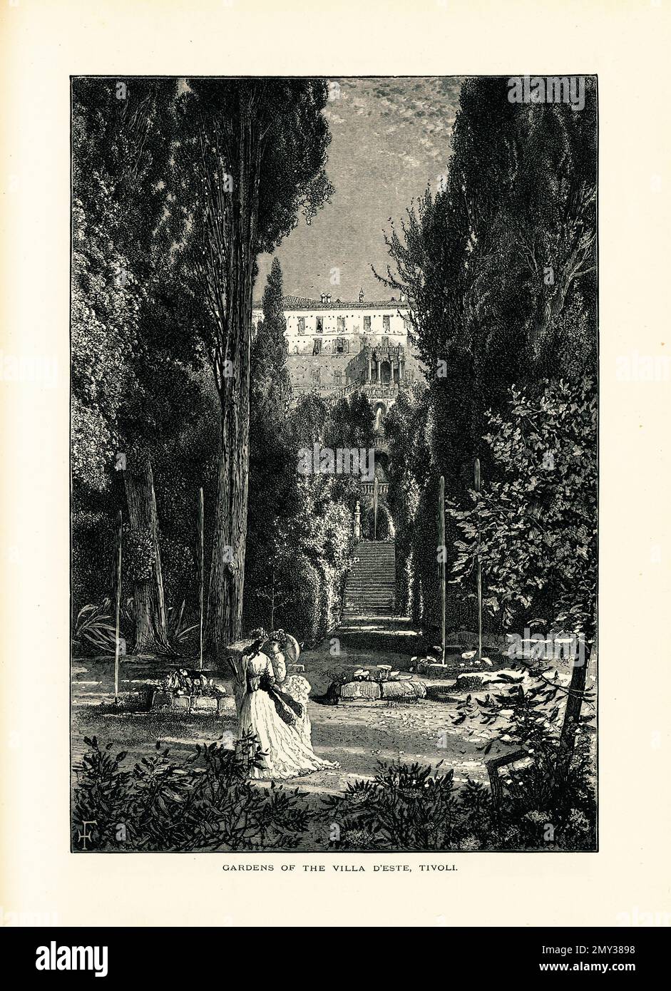 Antica incisione dei giardini della Villa d'Este, situata a Tivoli, vicino a Roma. Illustrazione pubblicata in picturesque Europe, Vol. III (CA Foto Stock