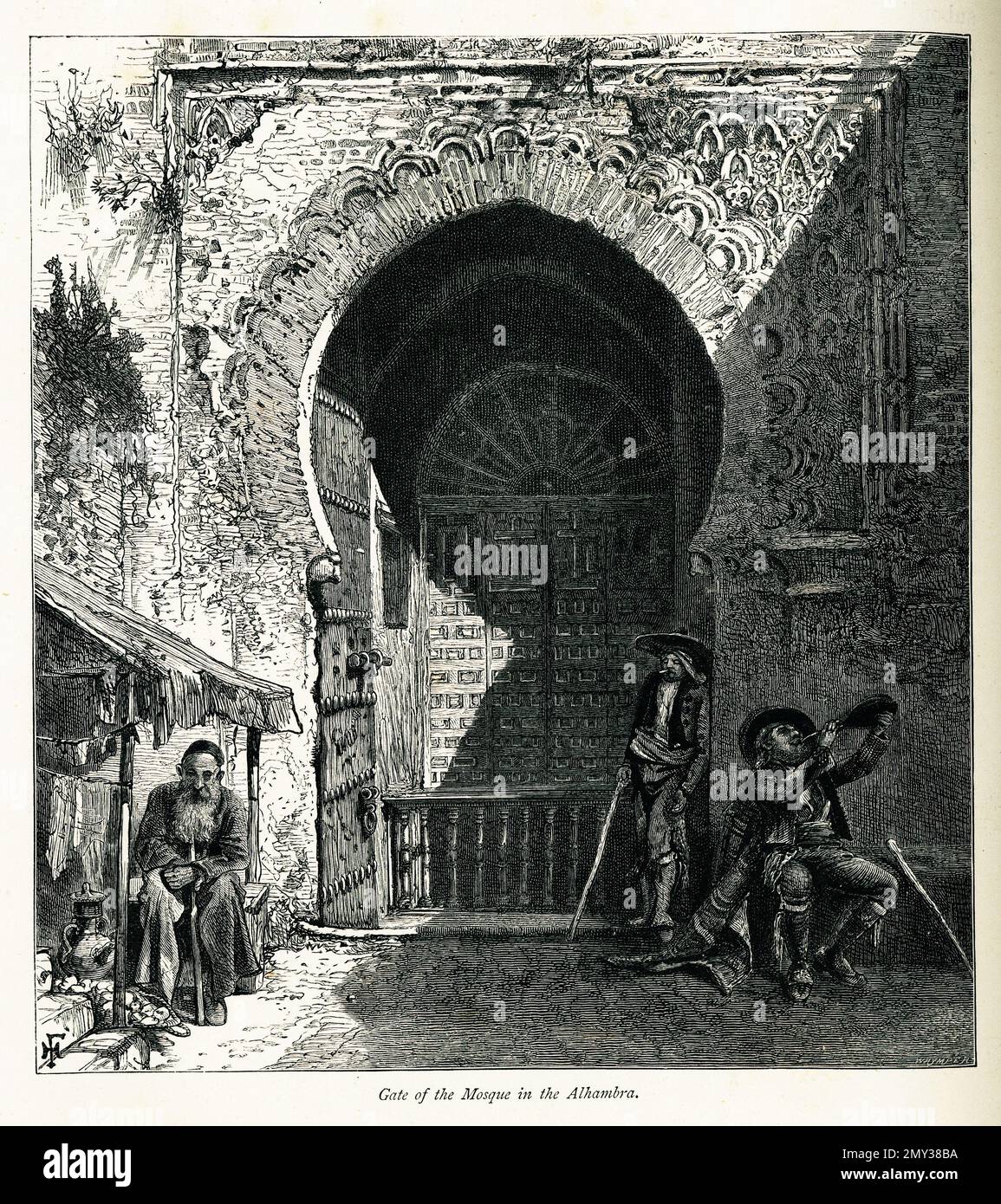 Antica incisione della porta della moschea in Alhambra, Granada, Spagna. Illustrazione pubblicata in picturesque Europe, Vol. V (Cassell & Company, Limited: Lo Foto Stock