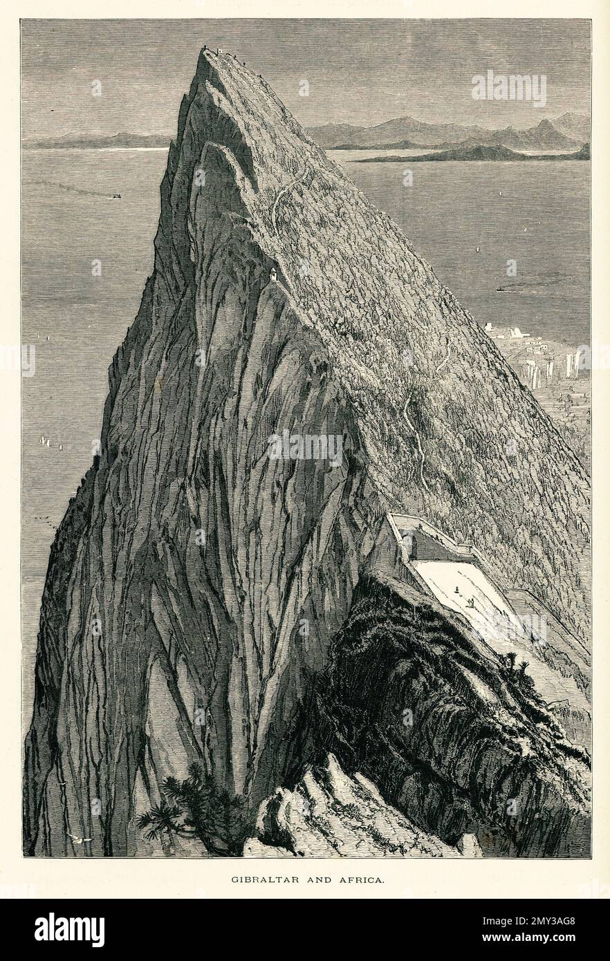 Vista del 19th° secolo di Gibilterra e dell'Africa. Illustrazione pubblicata in picturesque Europe, Vol. V (Cassell & Company, Limited: Londra, Parigi e New York, Foto Stock