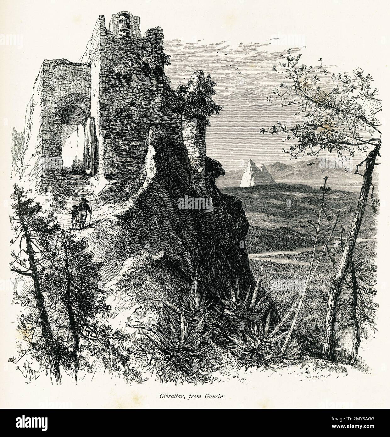 Antica incisione di Gibilterra e il suo famoso punto di riferimento la Rocca di Gibilterra visto da Gaucin, Spagna. Illustrazione pubblicata nella pittoresca Europa, Foto Stock