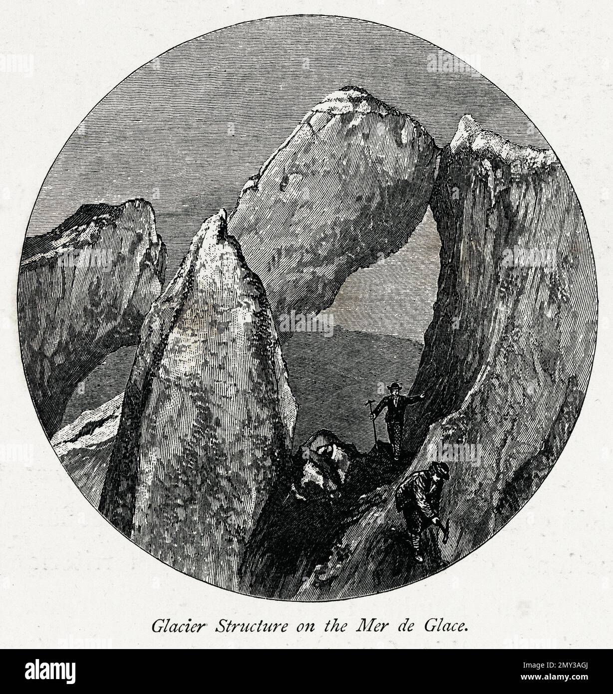 Antica illustrazione di una struttura glaciale sulla Mer de Glace sul massiccio del Monte Bianco, Alpi. Incisione pubblicata in picturesque Europe, Vol. V (CAS Foto Stock
