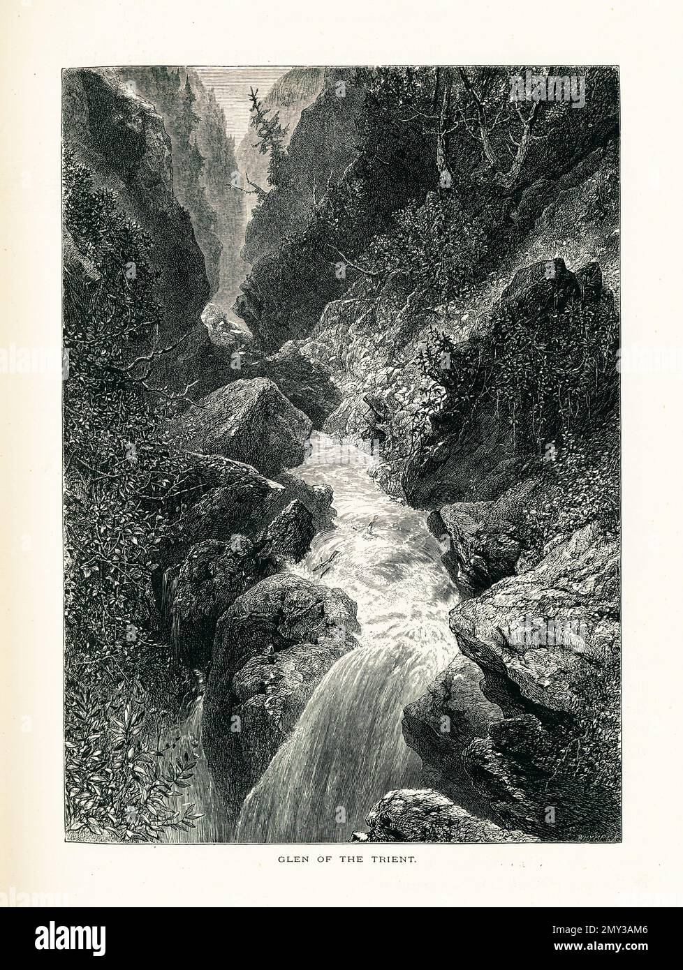 Antica illustrazione di un glen del fiume Trient nel cantone del Vallese in Svizzera. Incisione pubblicata in picturesque Europe, Vol. III (Cassel Foto Stock