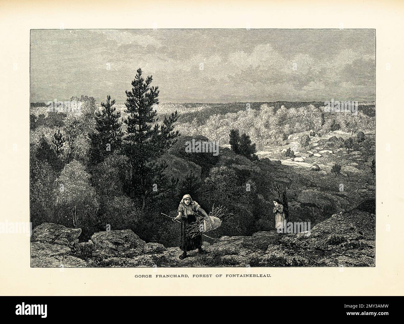 Antica illustrazione di Gorge Franchard, una famosa attrazione nella foresta di Fontainebleau, Francia. Incisione pubblicata in picturesque Europe, Vol. IO Foto Stock