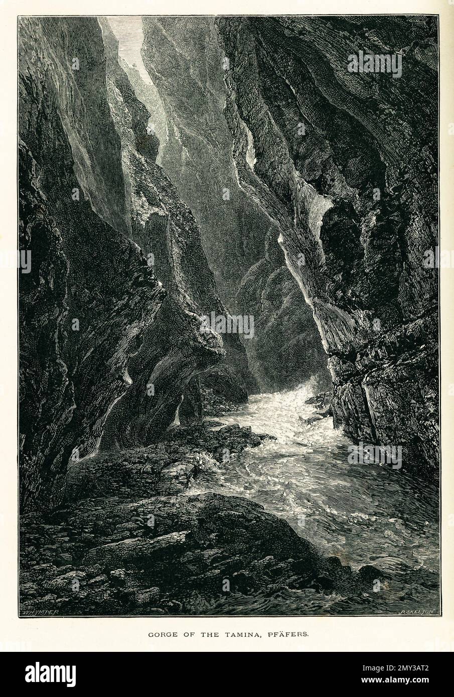 Vista del 19th° secolo sulla gola del fiume Tamina a Pfafer, Svizzera. Incisione pubblicata in picturesque Europe, Vol. V (Cassell & Company, Limi Foto Stock
